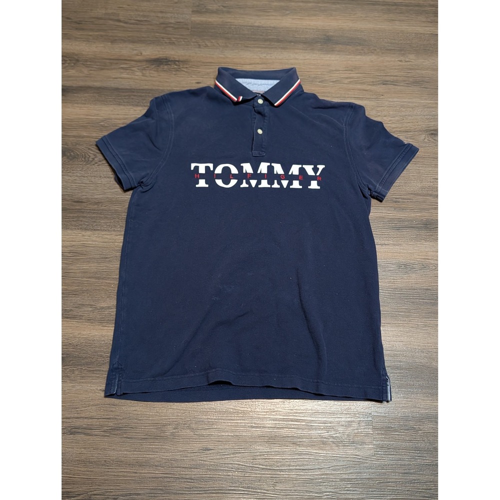 Tommy Hilfiger Mens Custom Fit Polo Shirt Navy Blue Logo Large Short Sleeve